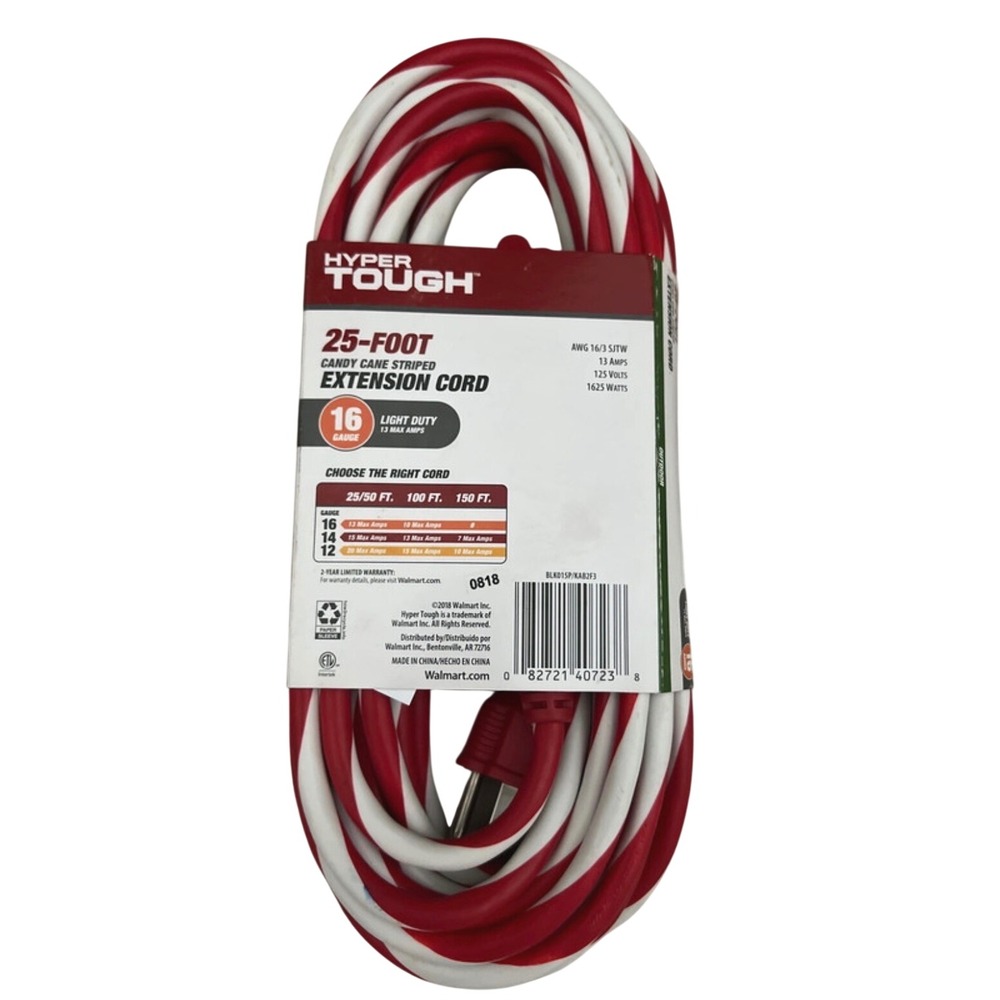 Hyper Tough 25ft Candy Cane Striped Extension Cord 16 Gauge Red White New